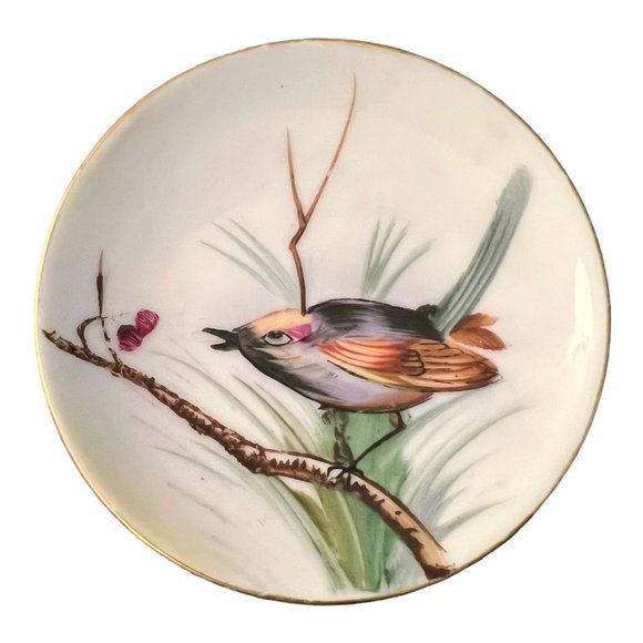 Lot of 2 Vtg Mini Ceramic Decorative Hanging Wild Bird Plates, 4" Dia Gold Edge - Picture 4 of 5